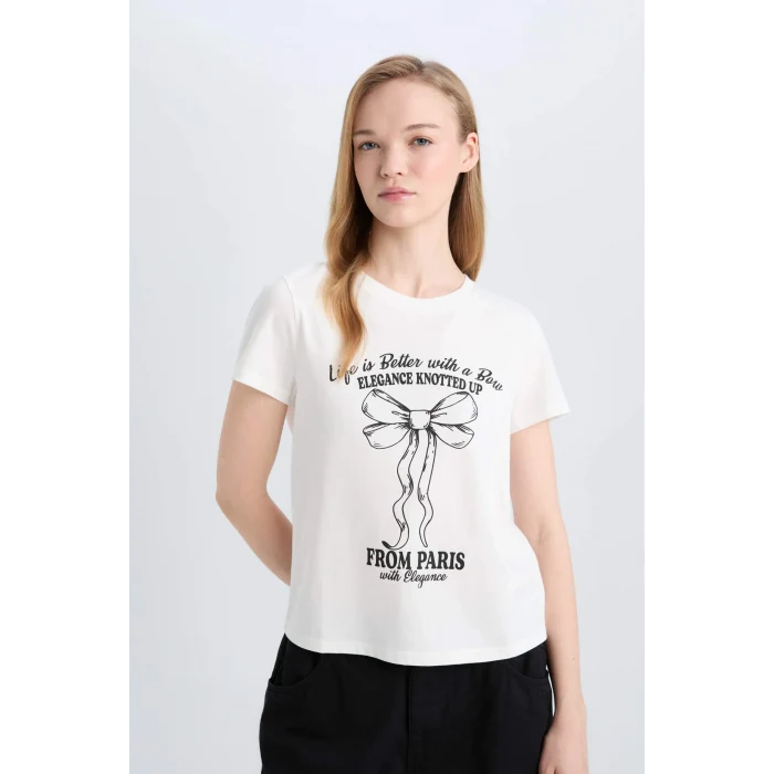 Defacto E0629 Beyaz Coool Regular Fit Bisiklet Yaka Baskılı Kısa Kollu Tişört