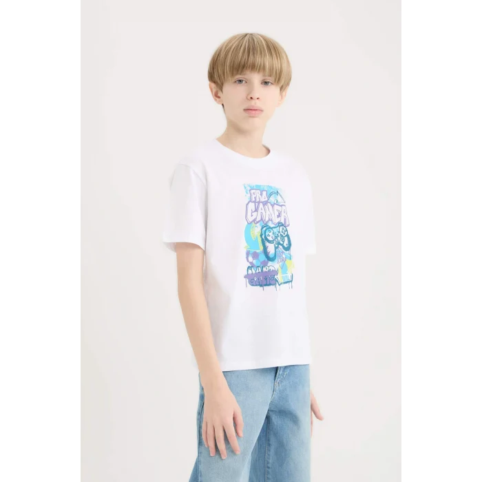 Defacto E0085 Beyaz Erkek Çocuk Bisiklet Yaka Baskılı Kısa Kollu Tişört