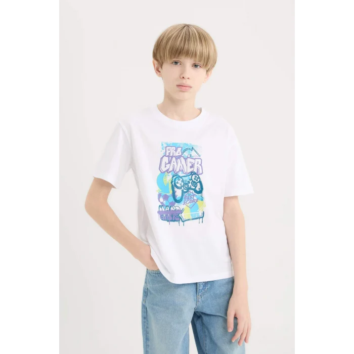 Defacto E0085 Beyaz Erkek Çocuk Bisiklet Yaka Baskılı Kısa Kollu Tişört