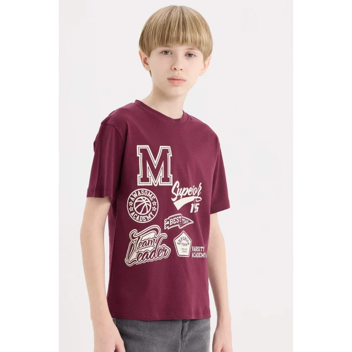 Defacto E0090 Bordo Erkek Çocuk Bisiklet Yaka Baskılı Kısa Kollu Tişört