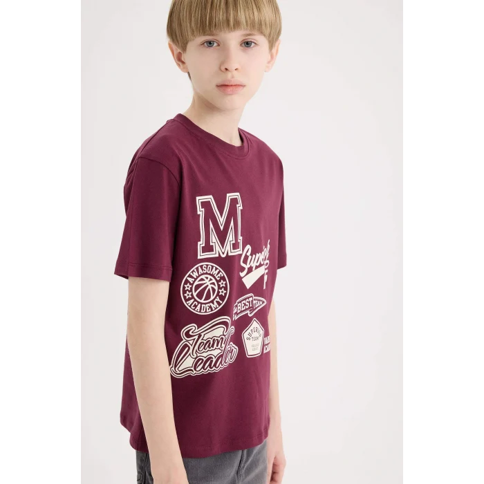 Defacto E0090 Bordo Erkek Çocuk Bisiklet Yaka Baskılı Kısa Kollu Tişört
