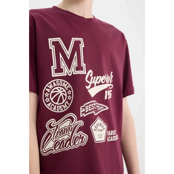 Defacto E0090 Bordo Erkek Çocuk Bisiklet Yaka Baskılı Kısa Kollu Tişört