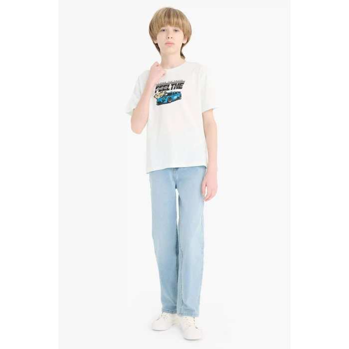 Defacto F0176 Yeşil Erkek Çocuk Bisiklet Yaka Baskılı Kısa Kollu Tişört