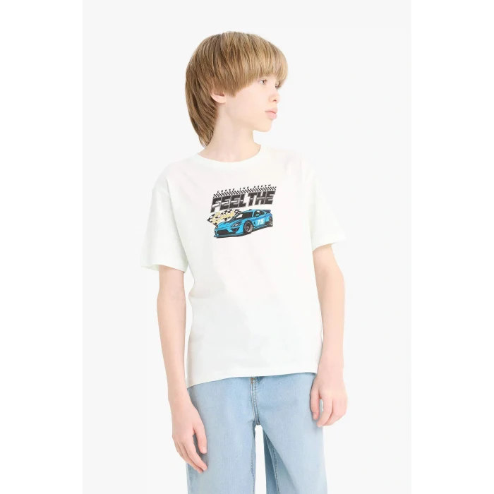 Defacto F0176 Yeşil Erkek Çocuk Bisiklet Yaka Baskılı Kısa Kollu Tişört