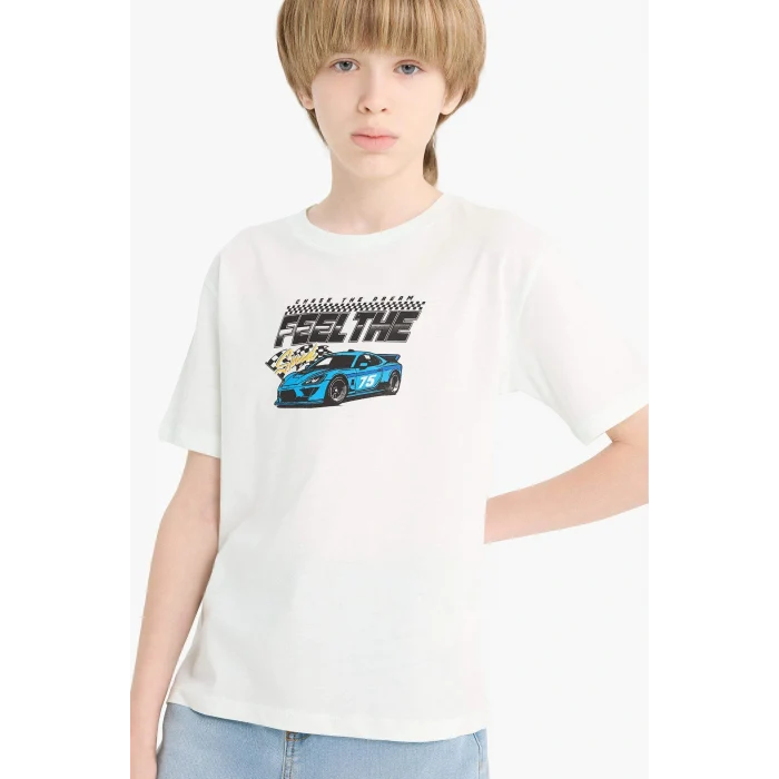 Defacto F0176 Yeşil Erkek Çocuk Bisiklet Yaka Baskılı Kısa Kollu Tişört