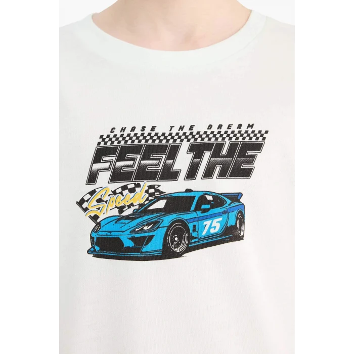 Defacto F0176 Yeşil Erkek Çocuk Bisiklet Yaka Baskılı Kısa Kollu Tişört