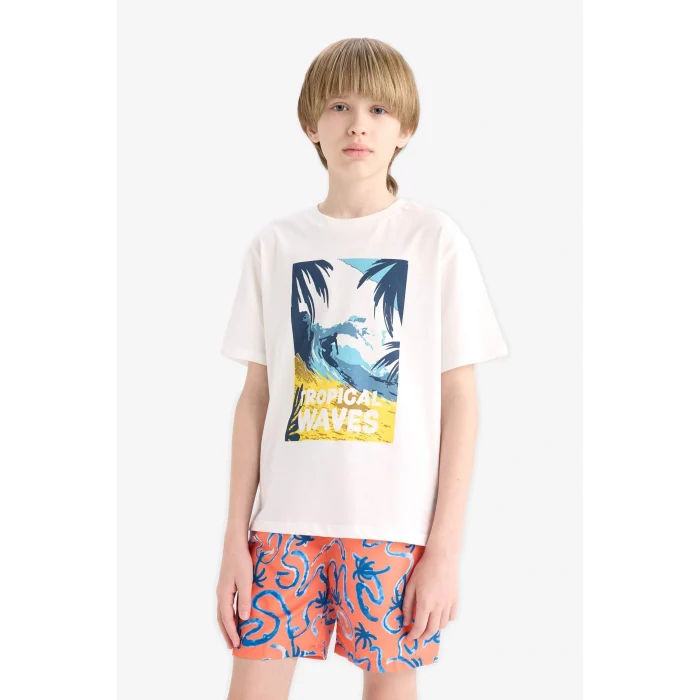 Defacto F0171 Ekru Erkek Çocuk Bisiklet Yaka Baskılı Kısa Kollu Tişört