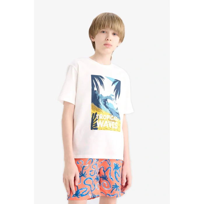 Defacto F0171 Ekru Erkek Çocuk Bisiklet Yaka Baskılı Kısa Kollu Tişört