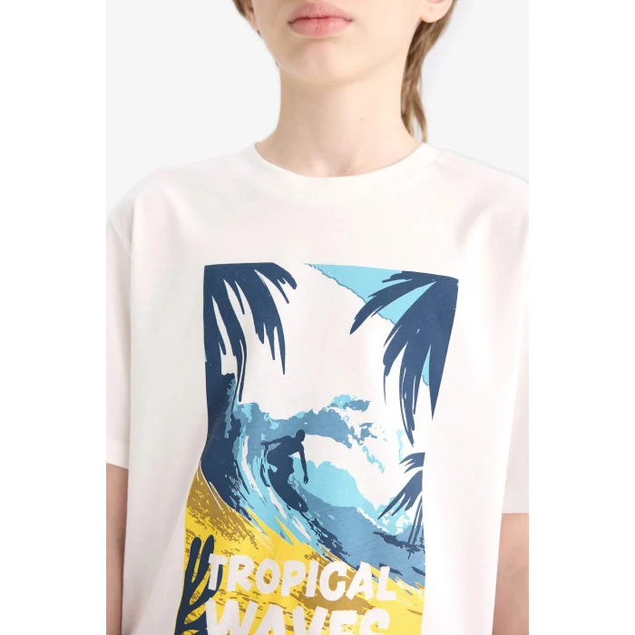 Defacto F0171 Ekru Erkek Çocuk Bisiklet Yaka Baskılı Kısa Kollu Tişört