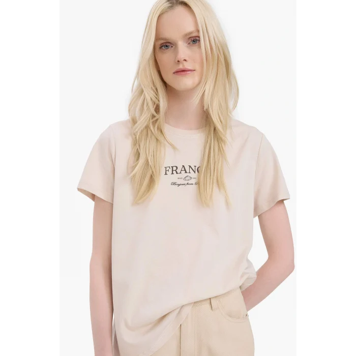 Defacto E5538 Ekru Relax Fit Bisiklet Yaka Baskılı Penye Kısa Kollu Tişört