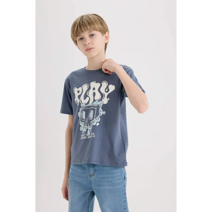 Defacto D9283 İndigo Erkek Çocuk Bisiklet Yaka Baskılı Kısa Kollu Tişört