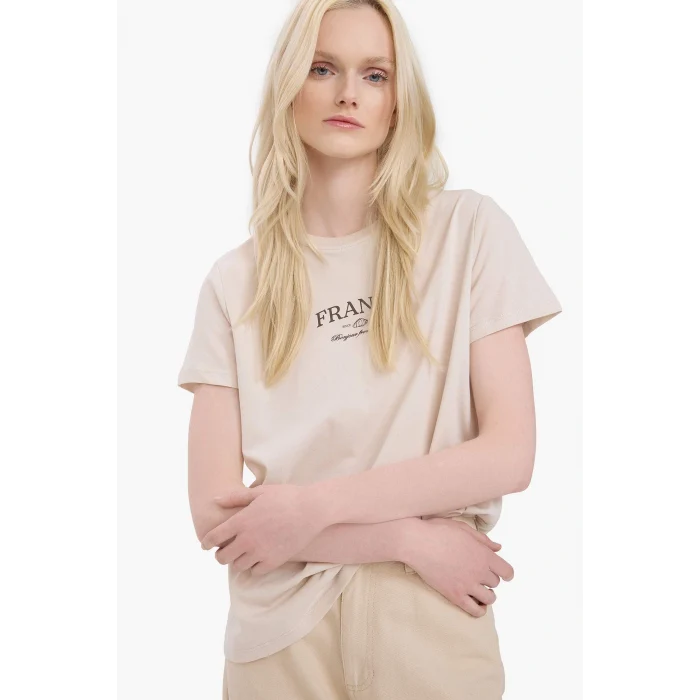 Defacto E5538 Ekru Relax Fit Bisiklet Yaka Baskılı Penye Kısa Kollu Tişört