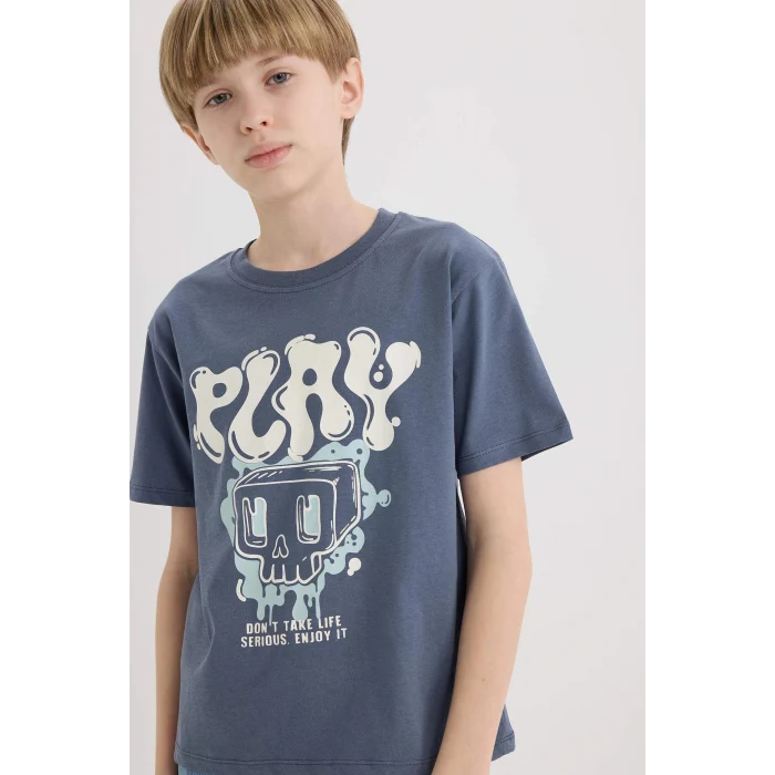 Defacto D9283 İndigo Erkek Çocuk Bisiklet Yaka Baskılı Kısa Kollu Tişört