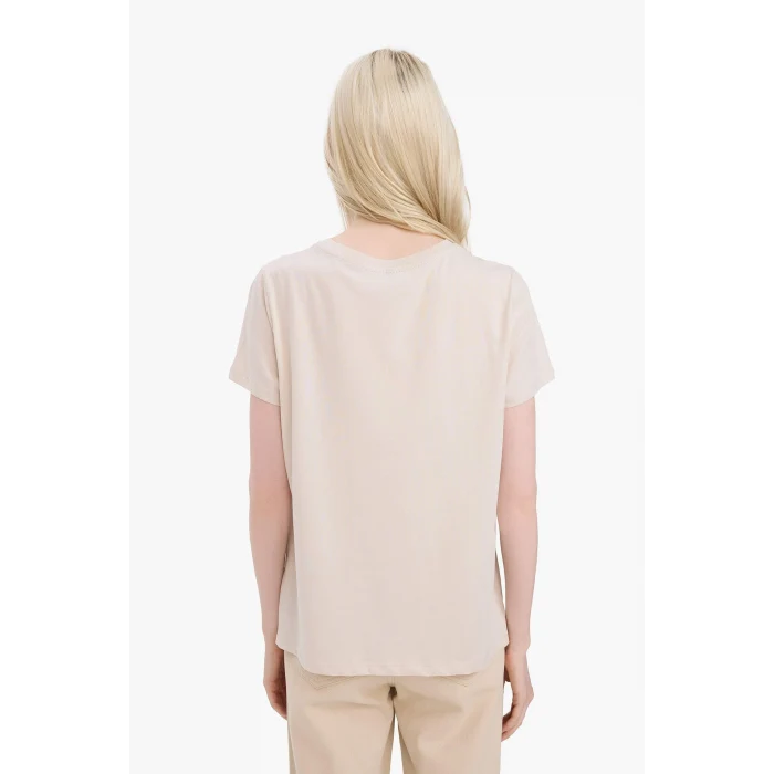 Defacto E5538 Ekru Relax Fit Bisiklet Yaka Baskılı Penye Kısa Kollu Tişört