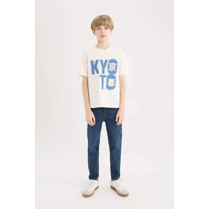 Defacto D9258 Ekru Erkek Çocuk Bisiklet Yaka Baskılı Kısa Kollu Tişört