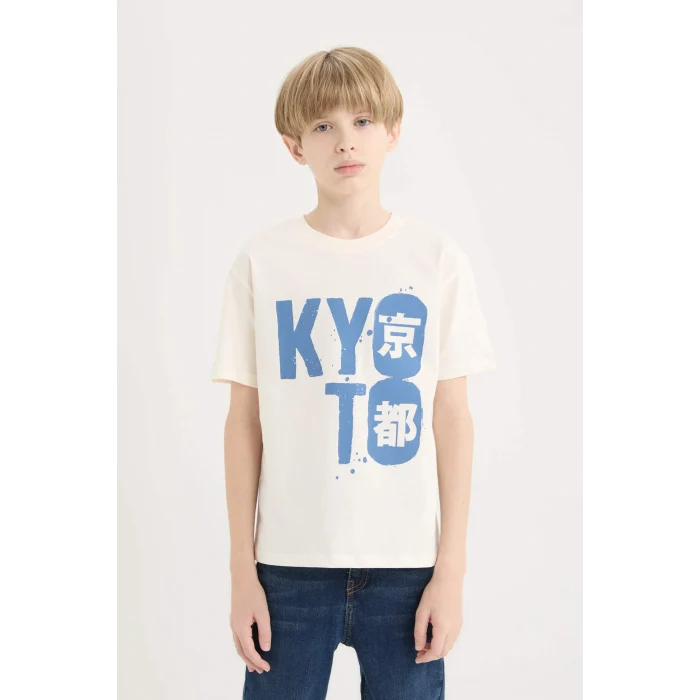 Defacto D9258 Ekru Erkek Çocuk Bisiklet Yaka Baskılı Kısa Kollu Tişört