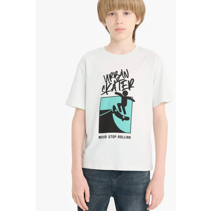 Defacto F0175 Mavi Erkek Çocuk Bisiklet Yaka Baskılı Kısa Kollu Tişört