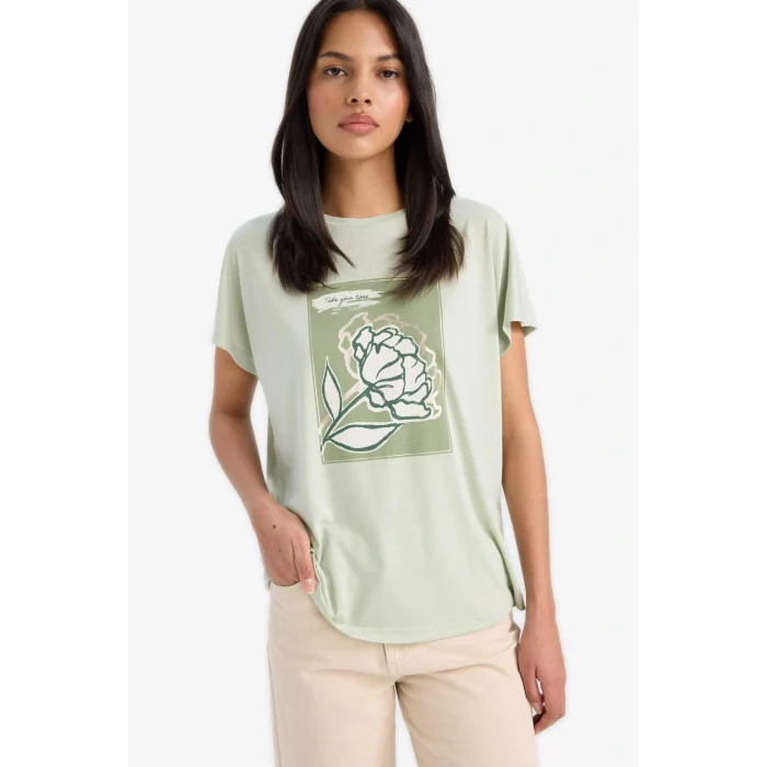 Defacto E5139 Yeşil Bisiklet Yaka Çiçek Baskılı Kısa Kollu Tişört
