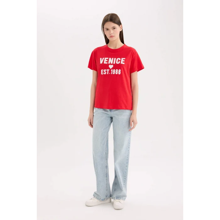 Defacto D9604 Kırmızı Regular Fit Bisiklet Yaka Baskılı Kısa Kollu Tişört