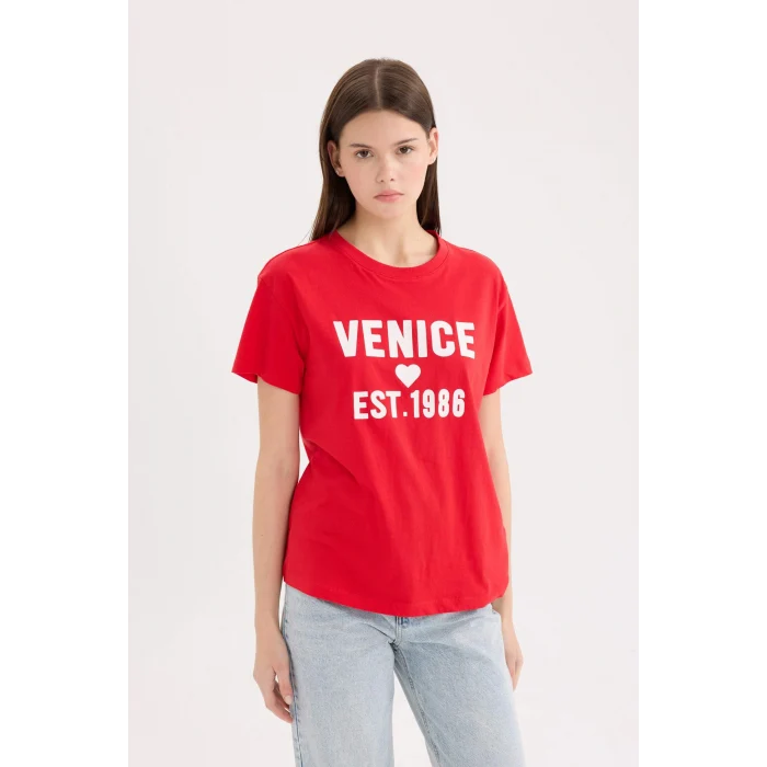 Defacto D9604 Kırmızı Regular Fit Bisiklet Yaka Baskılı Kısa Kollu Tişört