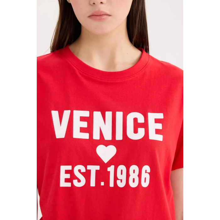 Defacto D9604 Kırmızı Regular Fit Bisiklet Yaka Baskılı Kısa Kollu Tişört