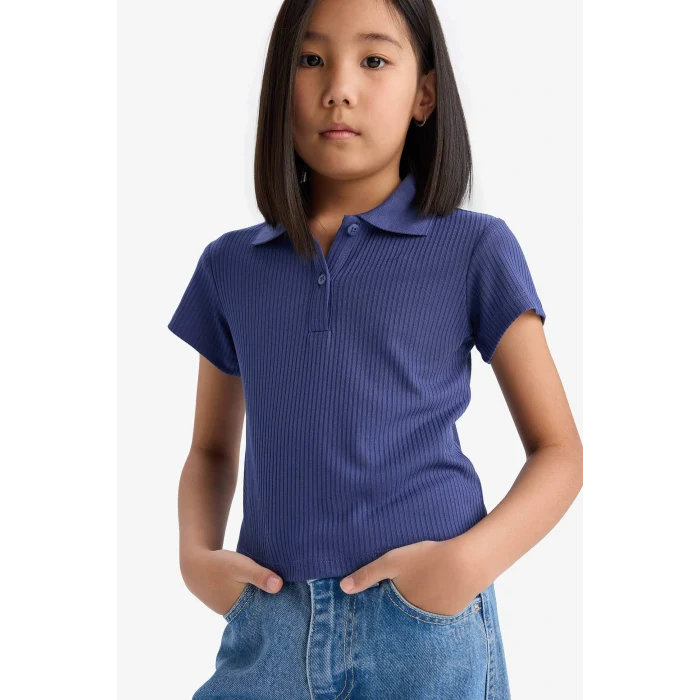 Defacto Z7794 Mor Kız Çocuk Slim Fit Dar Kesim Polo Yaka Basic Düz Fitilli Kaşkorse Kısa Kollu Tişört