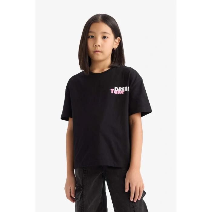 Defacto E0354 Siyah Kız Çocuk Relax Fit Sırt Baskılı Bisiklet Yaka Kısa Kollu Tişört