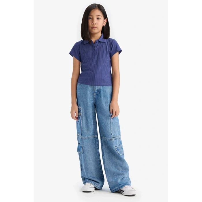 Defacto Z7794 Mor Kız Çocuk Slim Fit Dar Kesim Polo Yaka Basic Düz Fitilli Kaşkorse Kısa Kollu Tişört