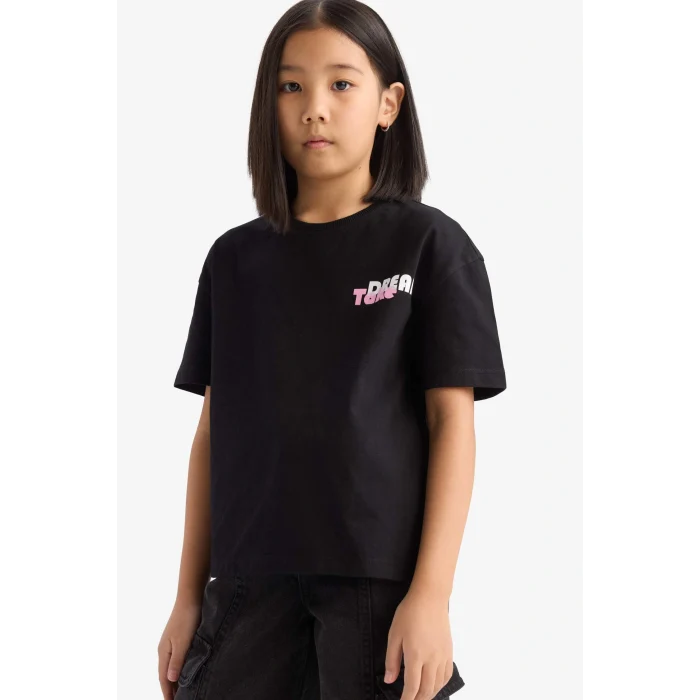 Defacto E0354 Siyah Kız Çocuk Relax Fit Sırt Baskılı Bisiklet Yaka Kısa Kollu Tişört
