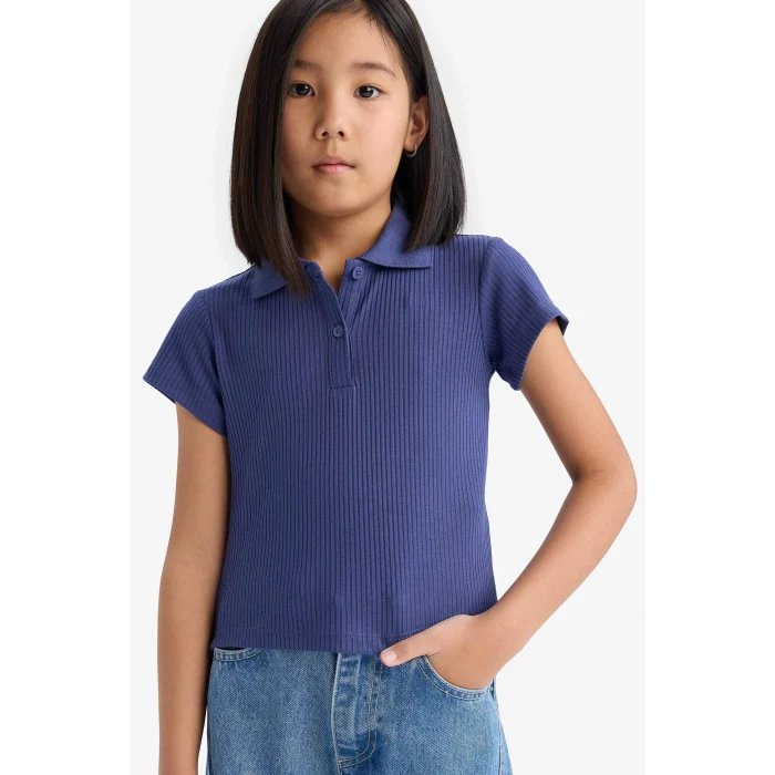 Defacto Z7794 Mor Kız Çocuk Slim Fit Dar Kesim Polo Yaka Basic Düz Fitilli Kaşkorse Kısa Kollu Tişört