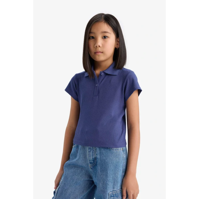 Defacto Z7794 Mor Kız Çocuk Slim Fit Dar Kesim Polo Yaka Basic Düz Fitilli Kaşkorse Kısa Kollu Tişört