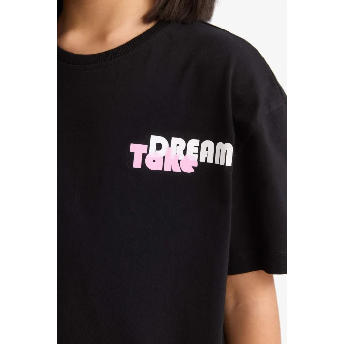 Defacto E0354 Siyah Kız Çocuk Relax Fit Sırt Baskılı Bisiklet Yaka Kısa Kollu Tişört