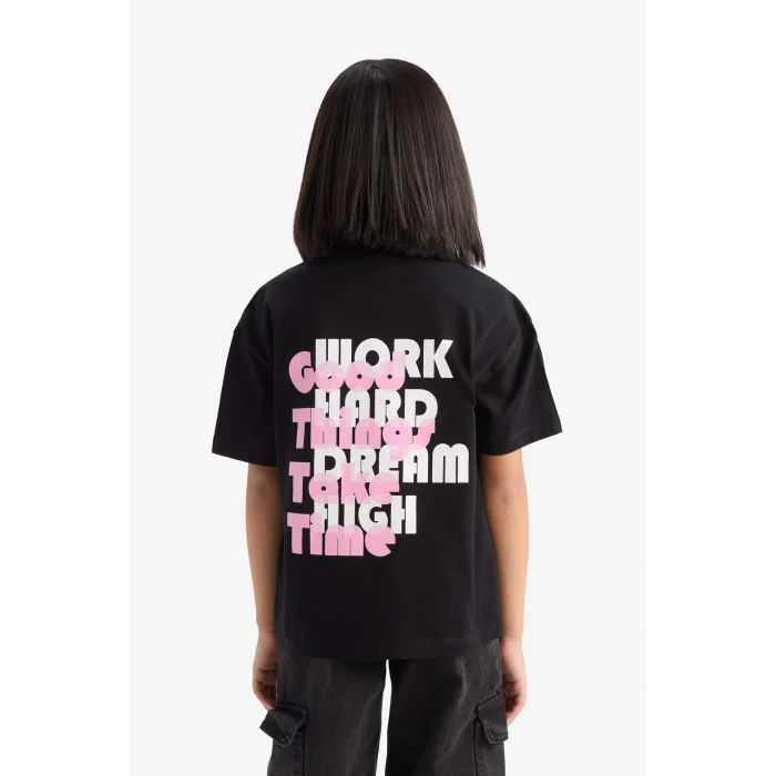 Defacto E0354 Siyah Kız Çocuk Relax Fit Sırt Baskılı Bisiklet Yaka Kısa Kollu Tişört