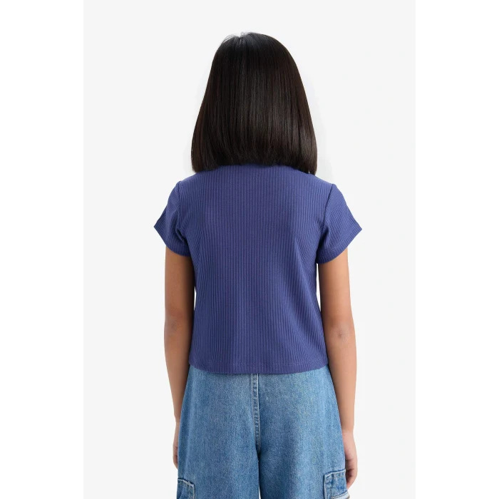 Defacto Z7794 Mor Kız Çocuk Slim Fit Dar Kesim Polo Yaka Basic Düz Fitilli Kaşkorse Kısa Kollu Tişört