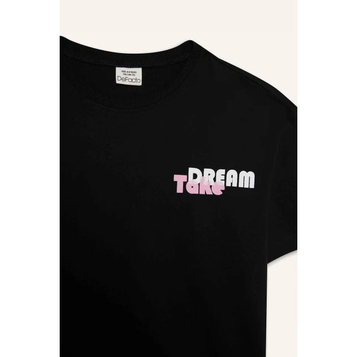 Defacto E0354 Siyah Kız Çocuk Relax Fit Sırt Baskılı Bisiklet Yaka Kısa Kollu Tişört