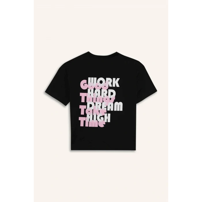 Defacto E0354 Siyah Kız Çocuk Relax Fit Sırt Baskılı Bisiklet Yaka Kısa Kollu Tişört