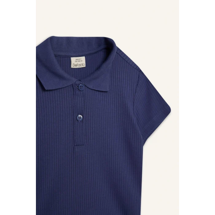 Defacto Z7794 Mor Kız Çocuk Slim Fit Dar Kesim Polo Yaka Basic Düz Fitilli Kaşkorse Kısa Kollu Tişört
