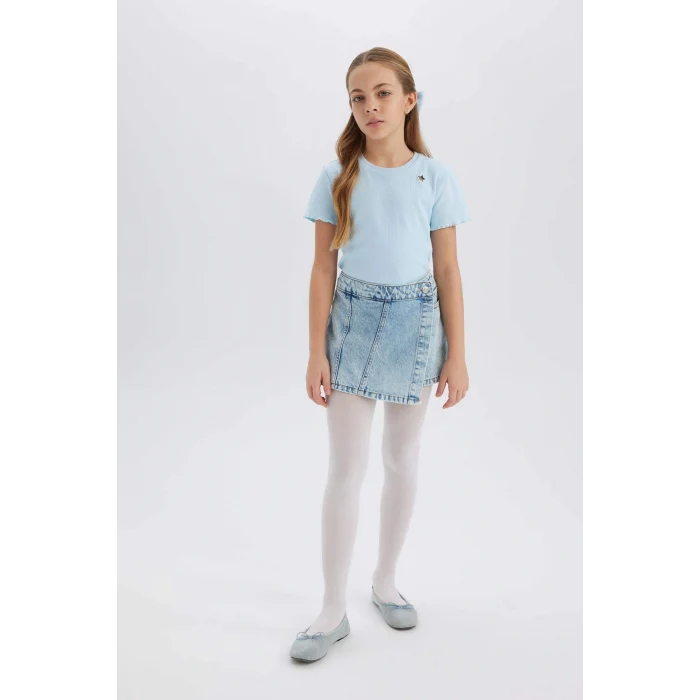 Defacto B6925 Mavi Kız Çocuk Slim Fit Dar Kesim Bisiklet Yaka İşlemeli Fitilli Kaşkorse Kısa Kollu Tişört