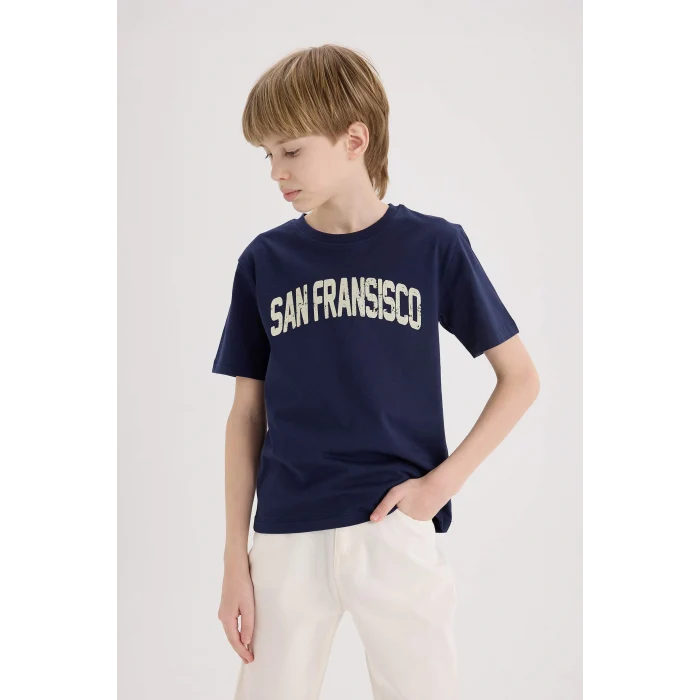 Defacto E0172 Lacivert Erkek Çocuk Bisiklet Yaka Baskılı Kısa Kollu Tişört