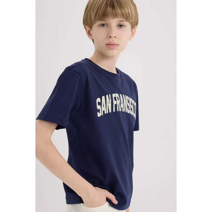 Defacto E0172 Lacivert Erkek Çocuk Bisiklet Yaka Baskılı Kısa Kollu Tişört