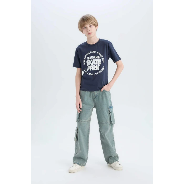 Defacto D9261 Lacivert Erkek Çocuk Bisiklet Yaka Baskılı Kısa Kollu Tişört