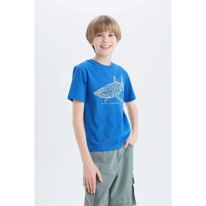 Defacto E0431 Mavi Erkek Çocuk Bisiklet Yaka Baskılı Kısa Kollu Tişört