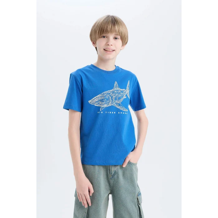 Defacto E0431 Mavi Erkek Çocuk Bisiklet Yaka Baskılı Kısa Kollu Tişört