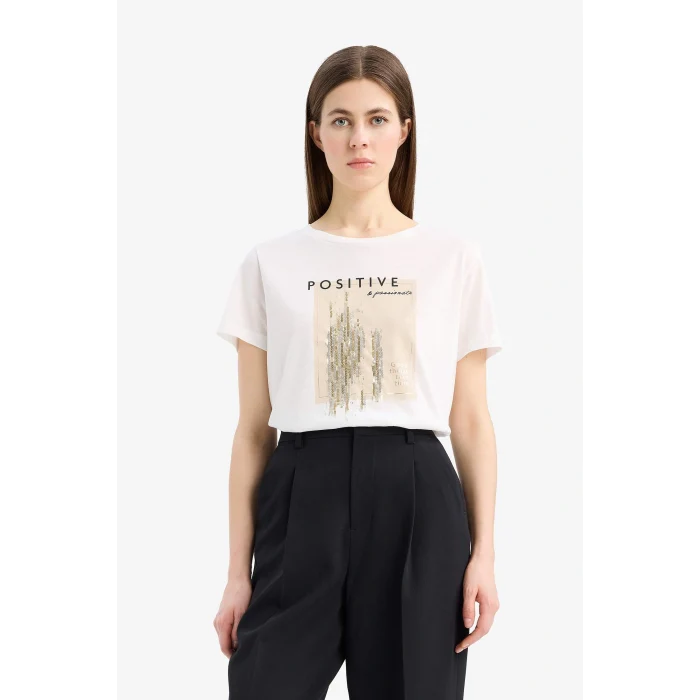 Defacto E5143 Ekru Regular Fit Bisiklet Yaka Baskılı Kısa Kollu Tişört