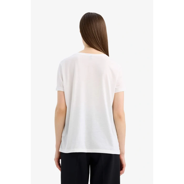 Defacto E5143 Ekru Regular Fit Bisiklet Yaka Baskılı Kısa Kollu Tişört