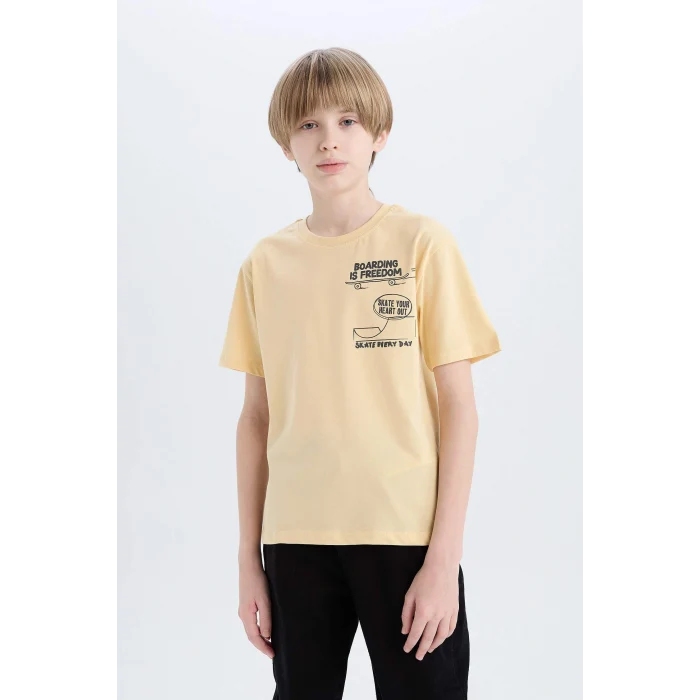 Defacto D9260 Sarı Erkek Çocuk Bisiklet Yaka Baskılı Kısa Kollu Tişört