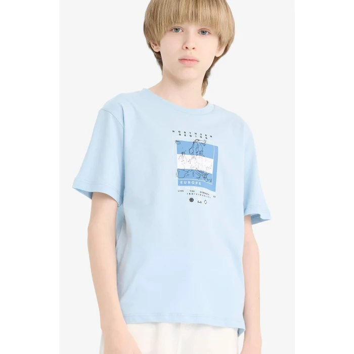 Defacto F0172 Mavi Erkek Çocuk Bisiklet Yaka Baskılı Kısa Kollu Tişört