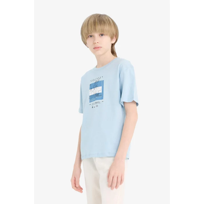 Defacto F0172 Mavi Erkek Çocuk Bisiklet Yaka Baskılı Kısa Kollu Tişört