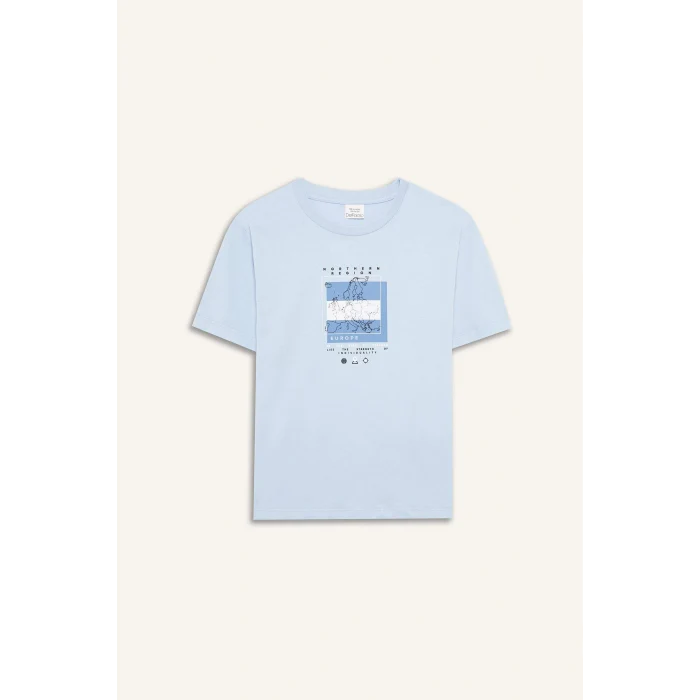 Defacto F0172 Mavi Erkek Çocuk Bisiklet Yaka Baskılı Kısa Kollu Tişört
