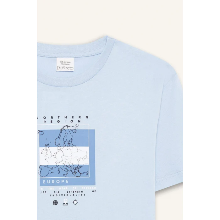 Defacto F0172 Mavi Erkek Çocuk Bisiklet Yaka Baskılı Kısa Kollu Tişört